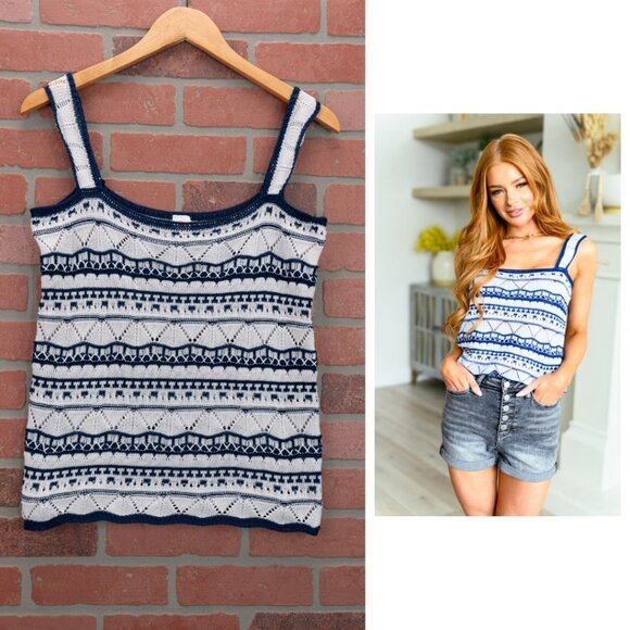Blue and White Sweater Knit Tank Top - Size Small - Picture 1 of 8